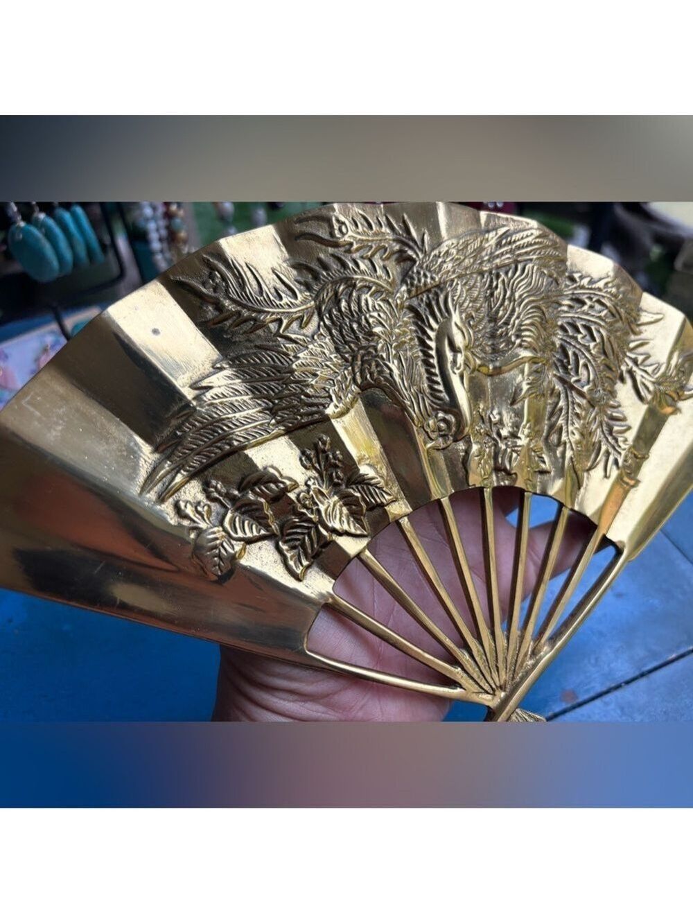 VINTAGE Taiwan ROC Gold Tone Phoenix Fan • Ornate Relief Art • Prosperity Decor - Picture 9 of 16